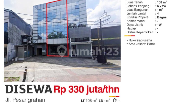 Disewa Ruko 4 Lantai Hadap Jalan di Jl.pesanggrahan Jakarta Barat