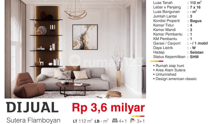 Dijual Rumah 3 Lantai Baru SHM di Cluster Flamboyan Alam Sutera