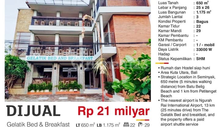 Dijual Cepat Hostel Lokasi Strategik Di Kawasan Seminyak Bali Dekat Pantai, Kota Denpasar, Airport, Dan Seminyak City Center. Harga Nego.