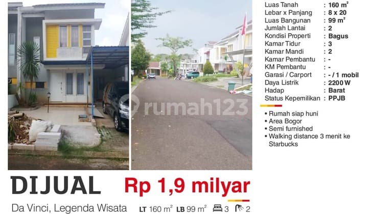 Dijual Rumah 2 Lantai Semi Furnish Dekat Starbuck Legenda Wisata