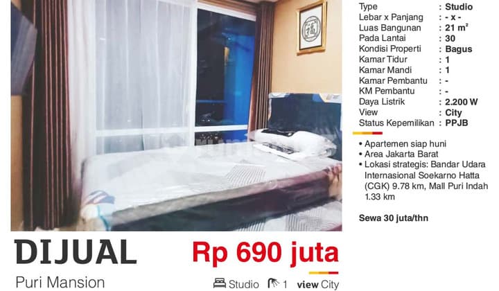 Dijual Apartemen Studio Semi Furnished Puri Mansion Bagus