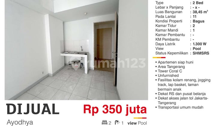 Dijual Apartemen 2BR Unfurnished SHM di Ayodhya Tangerang Kota