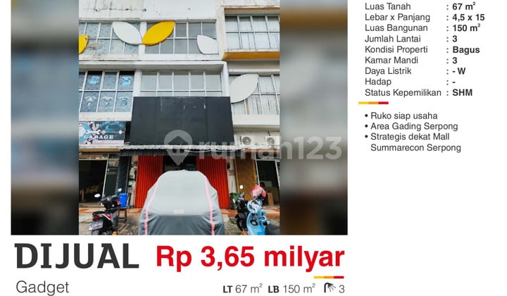 Dijual Ruko 3 lantai Unfurnish Strategis Dekat Mall SMS Gading Serpong