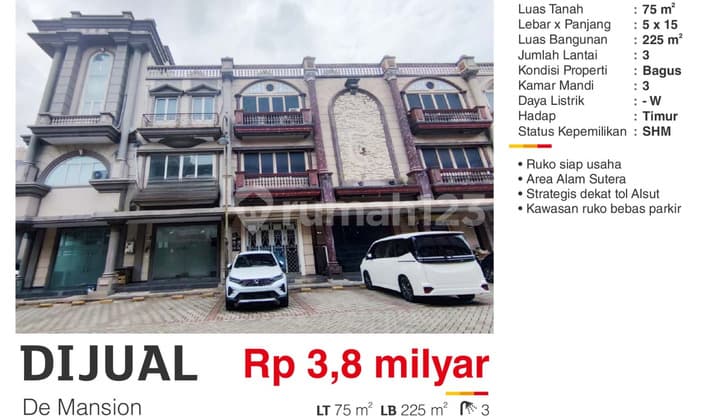 Dijual Ruko 3 Lantai Bagus Strategis Bebas Parkir di Alam Sutera