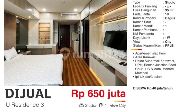Dijual Apartemen Studio Furnish Ures3 Dekat Mal dan Uph Karawaci
