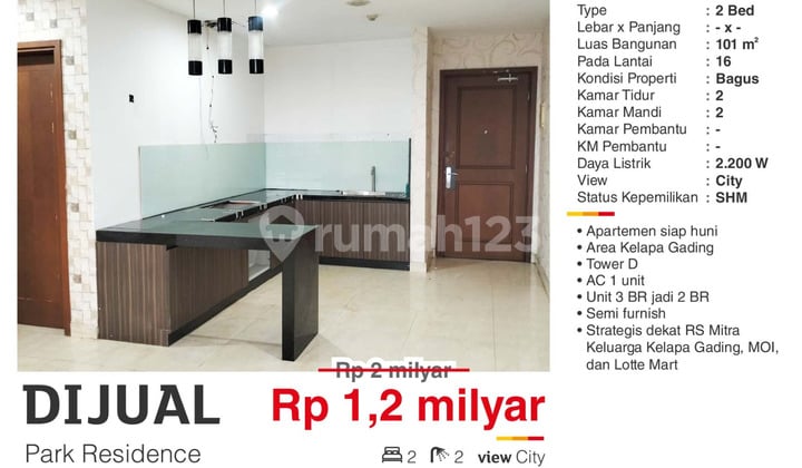 Apartmen Park Residences Terenovasi 3Br Mjd 2Br Murah Klp Gading