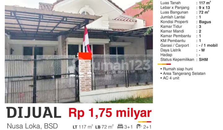 Dijual Rumah Nusaloka BSD Bagus SHM Posisi Jalan Boulevard Utama