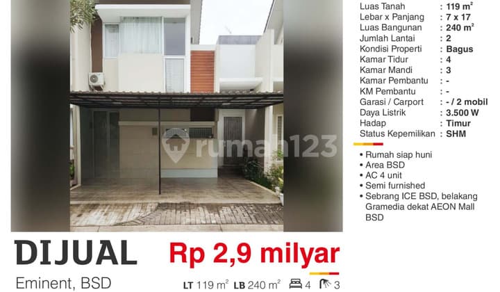 For Sale 2-Story Semi-Furnished House in Eminent Cluster Near Aeon BSD
