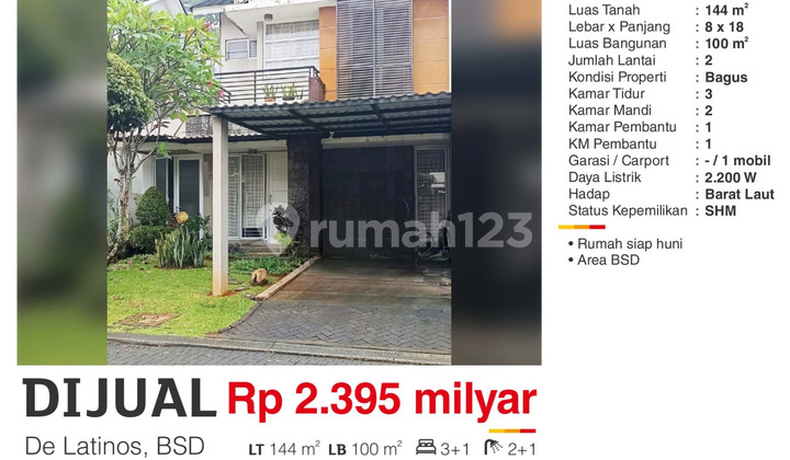 Dijual Rumah SHM Semi Furnish Cluster Costa Rica De Latinos BSD