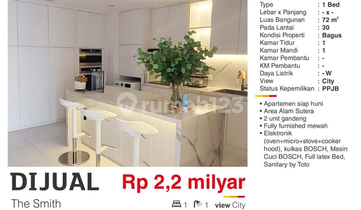 Dijual Apartemen 1BR Furnish Mewah Bsgus The Smith Alam Sutera