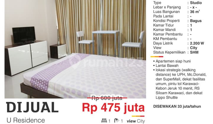 Dijual Apartemen Studio Furnished Murah Lantai Rendah Dekat Uph