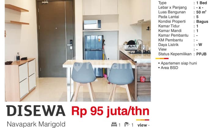Disewa Apartemen 1BR Full Furnished Lantai Rendah di NavaPark BSD
