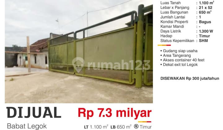 Dijual Gudang SHM Akses Kontainer 40 Feet Babat Legok Tangerang