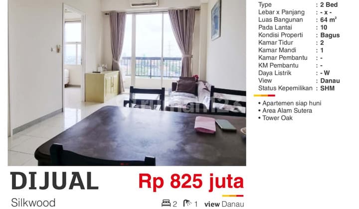 Dijual Apartemen 2BR Full Furnish SHM Dekat BINus Alam Sutera