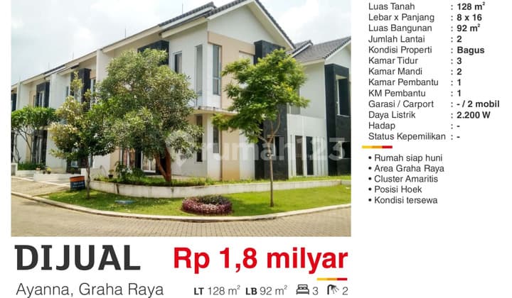 Dijual Rumah Siap Huni 2 Lantai Bagus Hoek Ayanna di Graha Raya