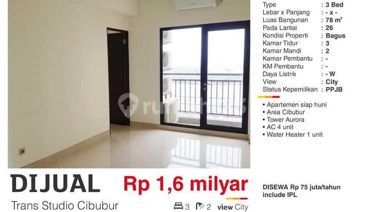Dijual Apartemen 3BR Semi Furnish Dekat Mall di Transpark Cibubur