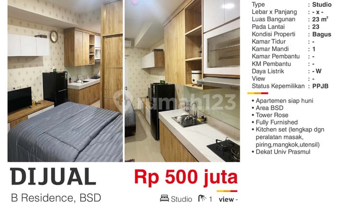For Sale Furnished Studio Apartment BResidence Near Prasmul University BSD