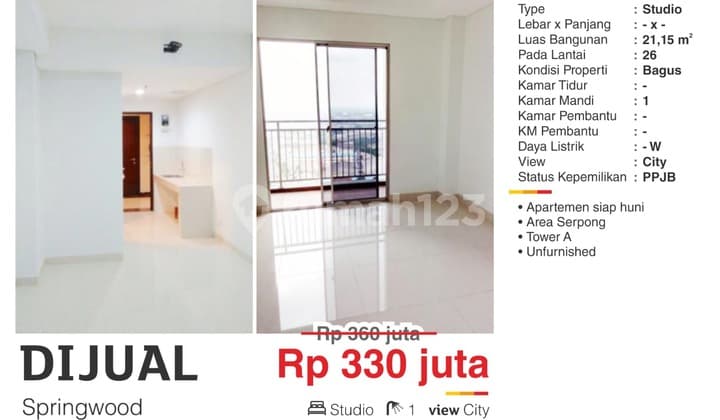 Dijual Apartemen Studio Unfurnish Murah Dekat Binus Alam Sutera