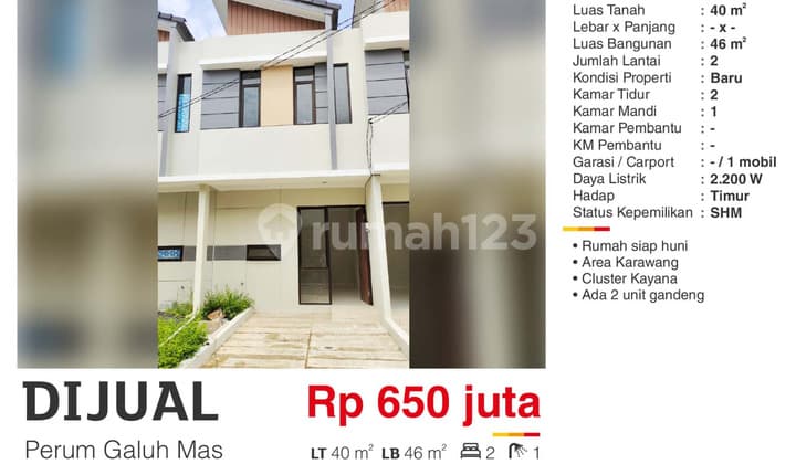 Dijual Rumah Siap Huni Cluster Kayana Komplek Galuh Mas Karawang