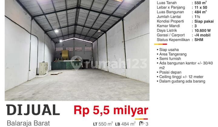 Dijual Gudang Balaraja Dekat Tol + Office Akses Container 40 Ft.