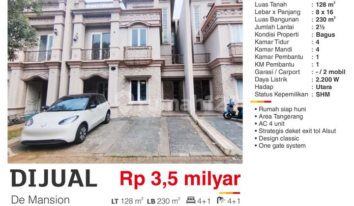 Dijual Rumah 2,5 Lantai SHM Strategis di DeMansion Alam Sutera