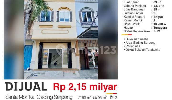 Dijual Ruko 2 Lantai Bagus SHM Santa Monika Gading Serpong