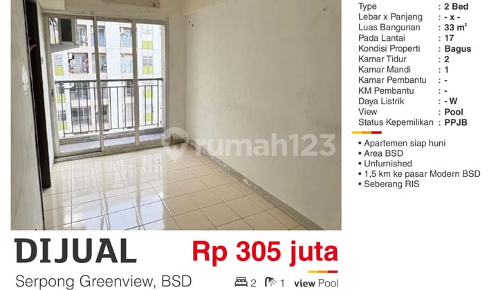 Dijual Apartmen 2Br Unfurnish Bagus Murah di Erpong Greenview BSD
