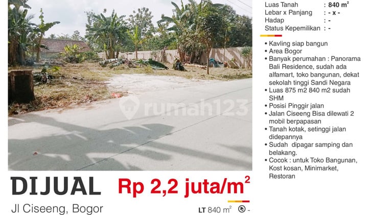 Dijual Tanah Kotak Tepi Jalan Utama SHM Dekat SMAN1 Ciseeng Bogor