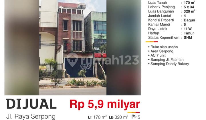 Dijual Ruko 4 Lantai SHM Hadap Jalan Utama di Jalan Raya Serpong
