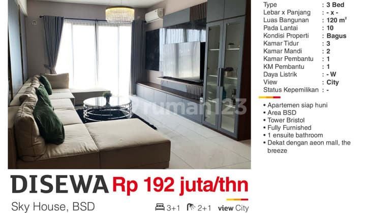 Disewa Apartemen 3BR Furnish Lantai 10 SkyHouse Dekat Aeon BSD