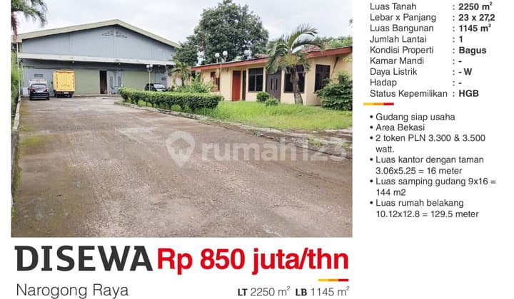 Disewa Gudang Plus Kantor & Mess Hadap Jalan Raya Narogong Bekasi