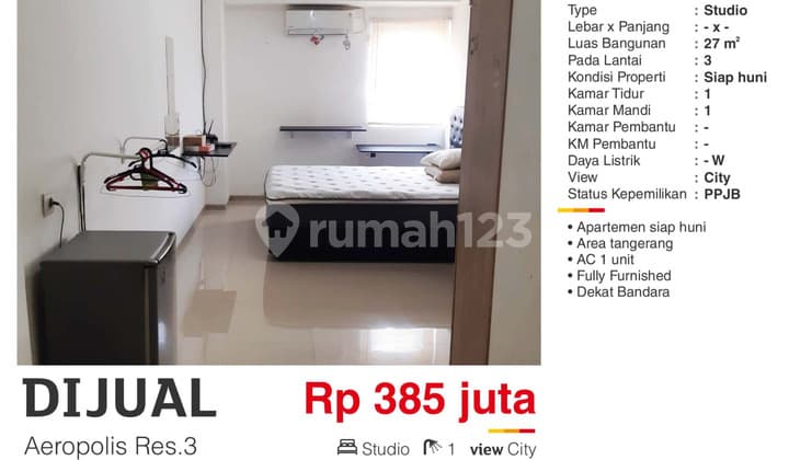 Dijual Apartemen Studio Furnished Lantai Rendah Dekat Bandara