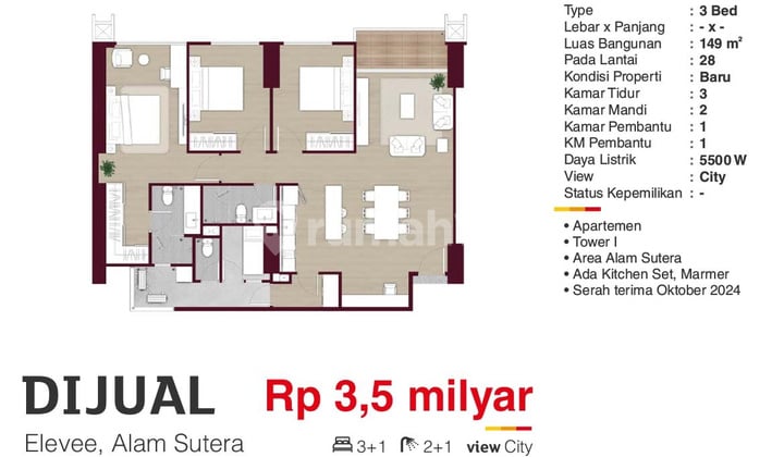Apartemen Elevee Penthouses & Residences 3 Kamar Tidur