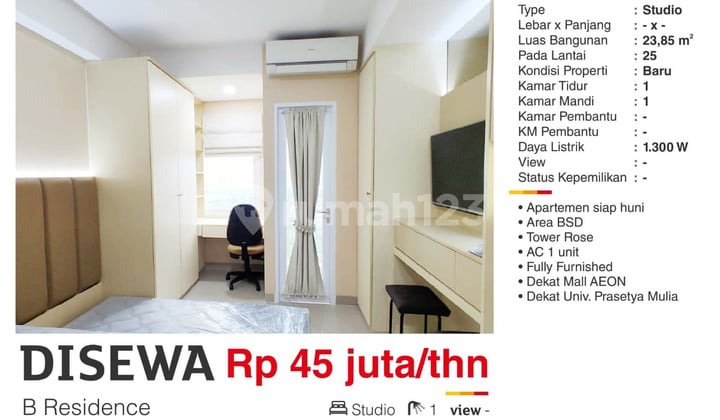 Apartemen B Residence Studio Furnished Baru
