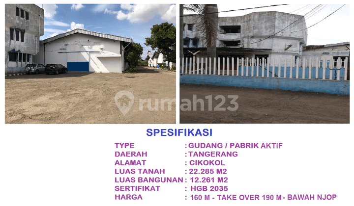 di Jual Pabrik Murah Harga di Bawah Njop Jl Asrama Dematex Cikokol, Tangerang
