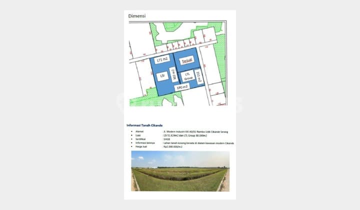 jual Tanah luas 8 hektar surat HGB kawasan industri Cikande Serang