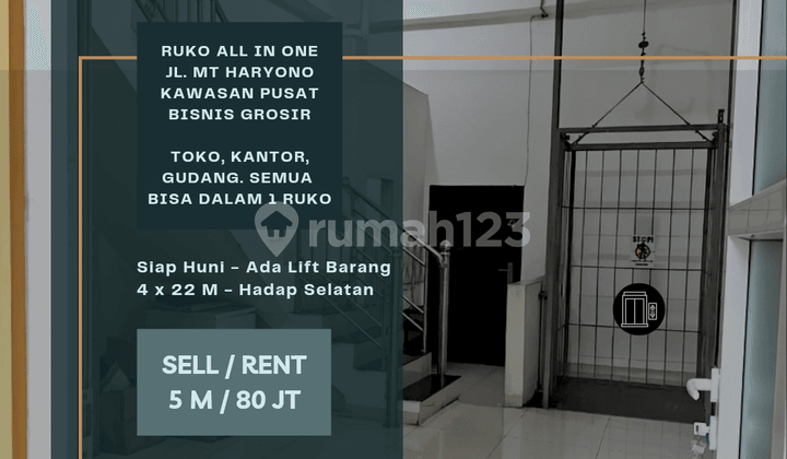 Jual/sewa. Ruko Jl. Mt Haryono. Pusat Bisnis. Ada Lift Barang