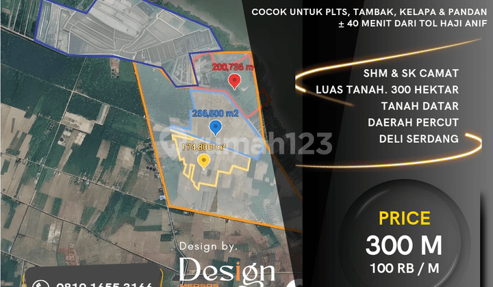 Tanah 300 Hektar. Daerah Percut, Deli Serdang. Cocok Untuk Plts