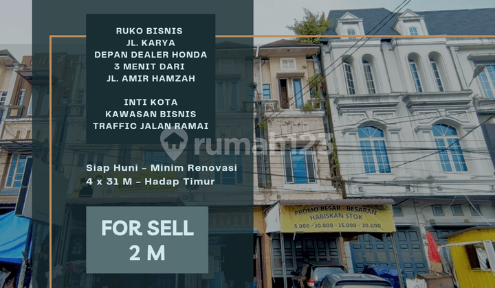 Ruko Bisnis Jl. Karya, 3 Menit Dari Jl. Amir Hamzah. Inti Kota