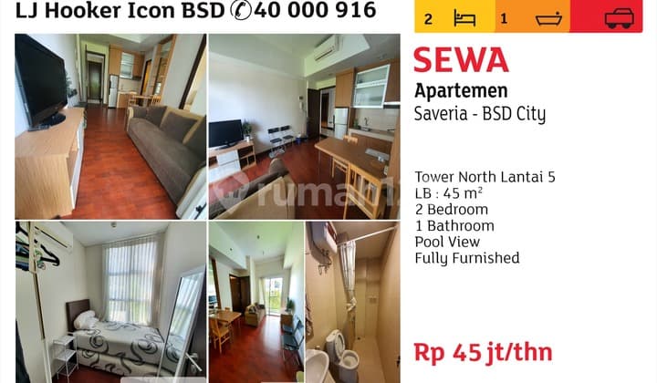 Apartemen Saveria 2 Kamar Tidur Furnished bisa 6Bulan