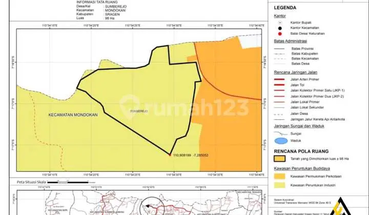 Lahan Zona Industri Lokasi Super Strategis Mondokan, Sragen Luas 10 Ha
