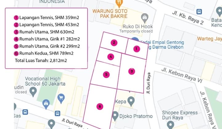 Dijual murah Tanah 2812 m2 Ada Rumah Duri Raya kebon jeruk Jakarta Barat Lokasi Jalan Komersil Area