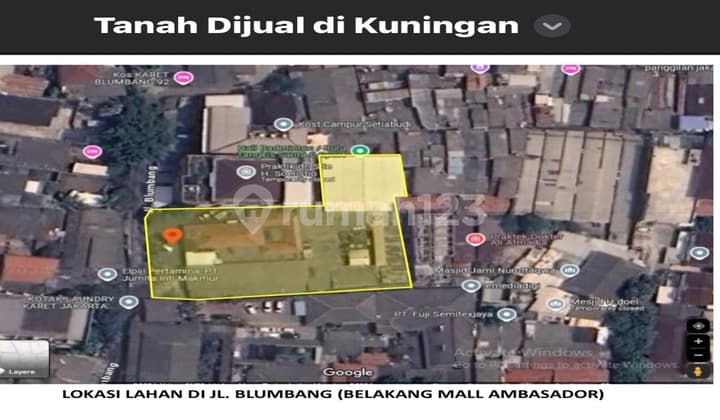 Tanah Strategis di KUNINGAN, JAKARTA SELATAN JL.BLUMBANG , Kuningan 2400 Squaremeter SHM - Sertifikat Hak Milik