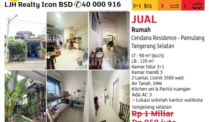 Turun Harga!! Dijual Murah Rumah 2 Lantai Shm Di Cendana Residence Pamulang Tangerang Selatan