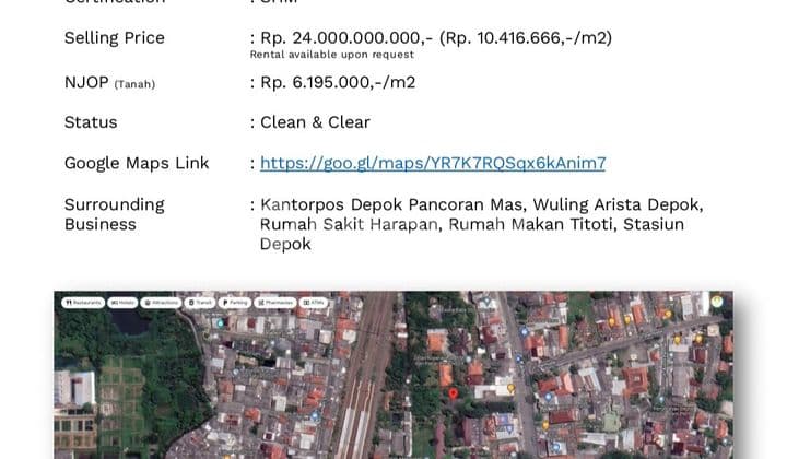 For Sale / Land Lease in Depok with SHM, Land Area 2,304 m², Building Area 355 m² / RENT