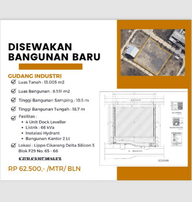 DISEWAKAN Pabrik Industri Baru di Delta Silicon, Lippo Cikarang