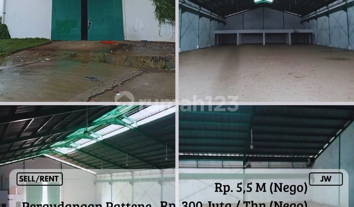 Dijual/Disewakan Gudang 2LT Pergudangan Pattene Siap Huni Nego