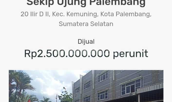 Dijual Ruko Bagus Jl. Rudus Ii Komplek Sintraman Sekip Ujung Palembang Luas Tanah:125 ... M² Dimensi Tanah: (5 X 25 Mtr) Luas Bangunan: .240.. M² Dimensi Bangunan : (5X 20 Mtr...Lt.1) , LT. 2 dan KT. 3 =5X15 Mtr) Kamar Tidur:3 Kamar Mandi: 3 Hadap Mata An