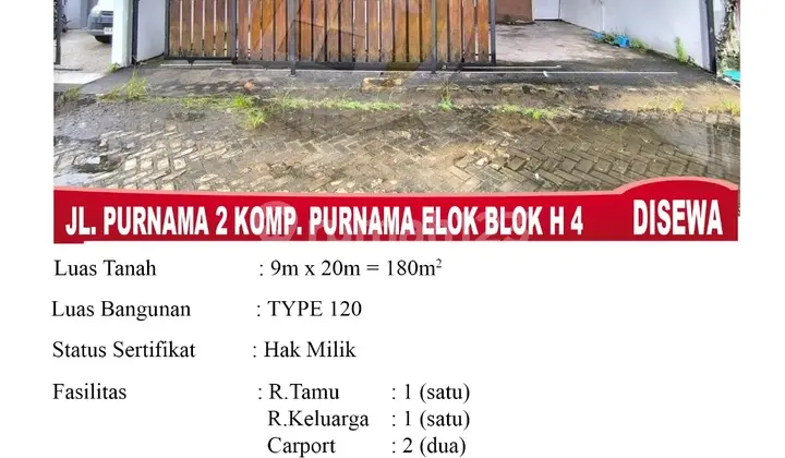 Rumah Sewa Purnama Siap Huni Dekati Megamall Pontianak 3 Kamar 2 Wc
