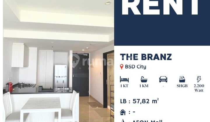 For Rent 1Br Apartment The Branz BSD City Prime Location, Fully Furnished Ready to Move In, Very Close to Toll Road, KRL, and Public Facilities.